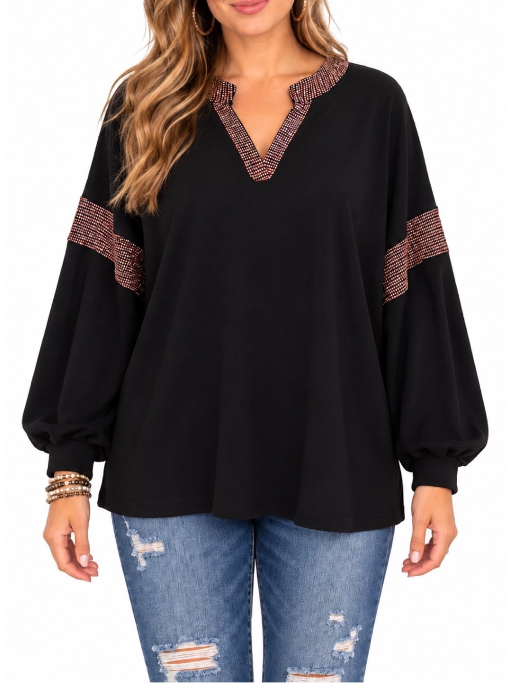 Honeyme Black Shimmer-Accent Long Sleeve Top- Large